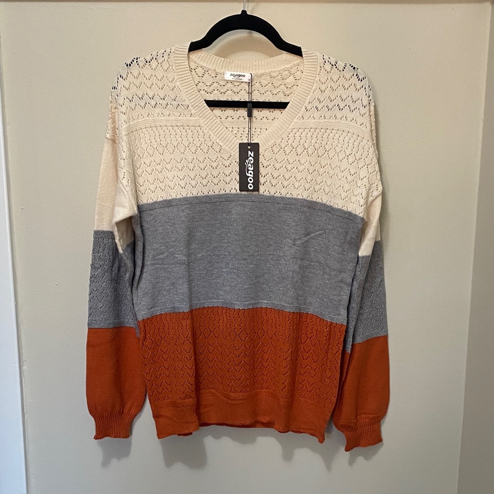 Zeagoo Women's V-Neck Sweater - Cream, Gray, Orange
